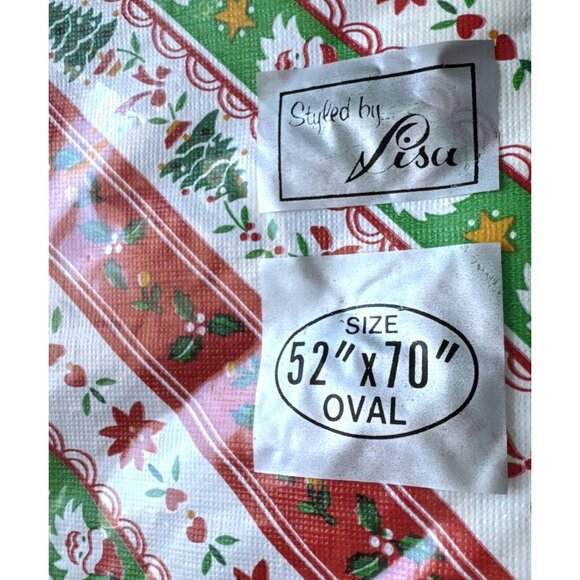 Vintage Holiday Flannel Back Tablecloth Oval 52x70 Christmas Holly Trees Striped - Picture 2 of 7